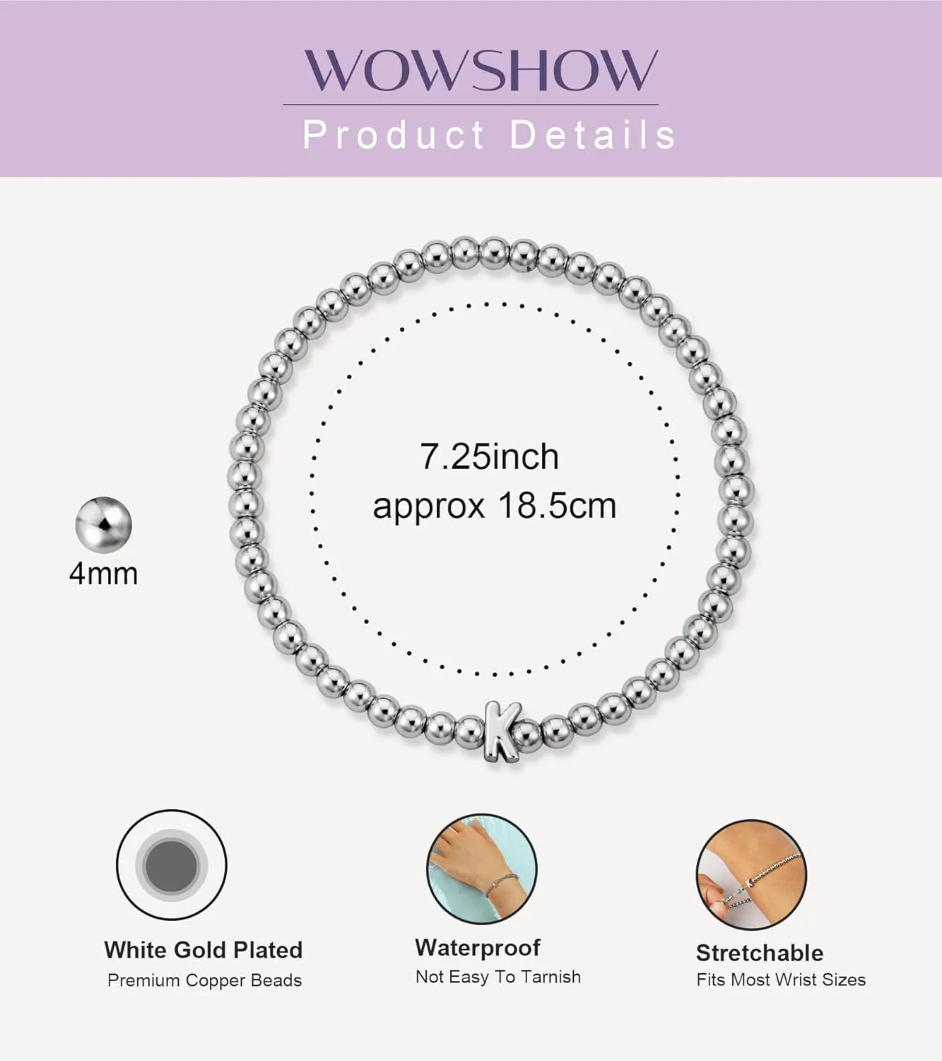 Wowshow Gold Bracelets for Women, 18K Gold Plated Stretch Initial Beaded Bracelets with A-Z Letter Charm Jewelry Gifts for Mother's Day Valentines Christmas