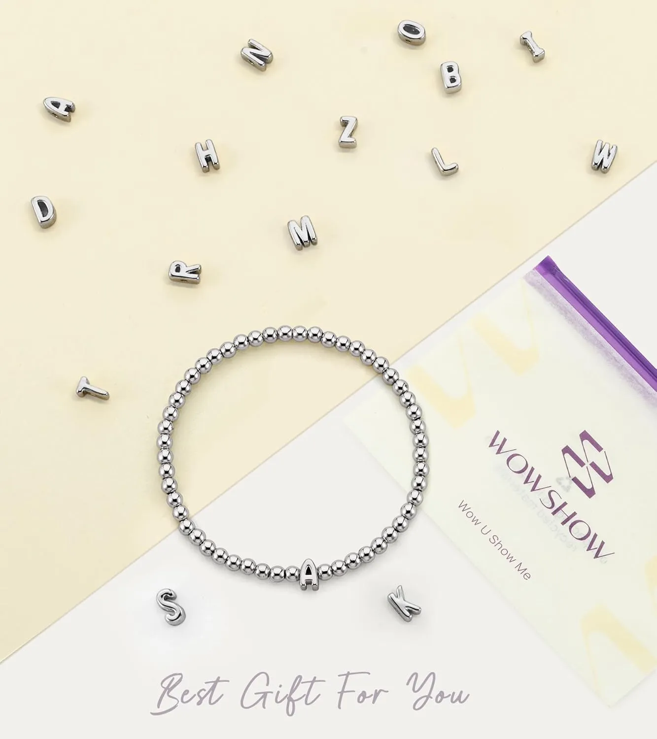 Wowshow Gold Bracelets for Women, 18K Gold Plated Stretch Initial Beaded Bracelets with A-Z Letter Charm Jewelry Gifts for Mother's Day Valentines Christmas