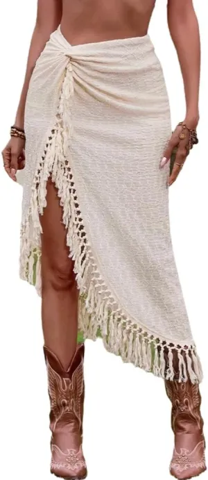 Wuitrie Skirts for Women Trendy Irregular Tassel Slit Midi Skirts Elegant Pleated Skirt Beach Vacation Travel Dress