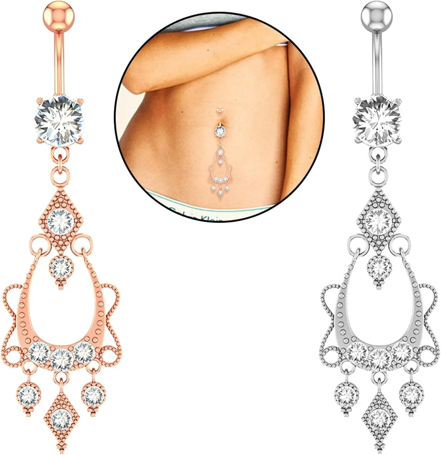Wycian Bellybuttons Rings, Industrial Piercing Jewelry Aesthetic Cubic Zirconia Silver Surgical Steel Teardrop Tassel for Women Body Piercing Jewelry