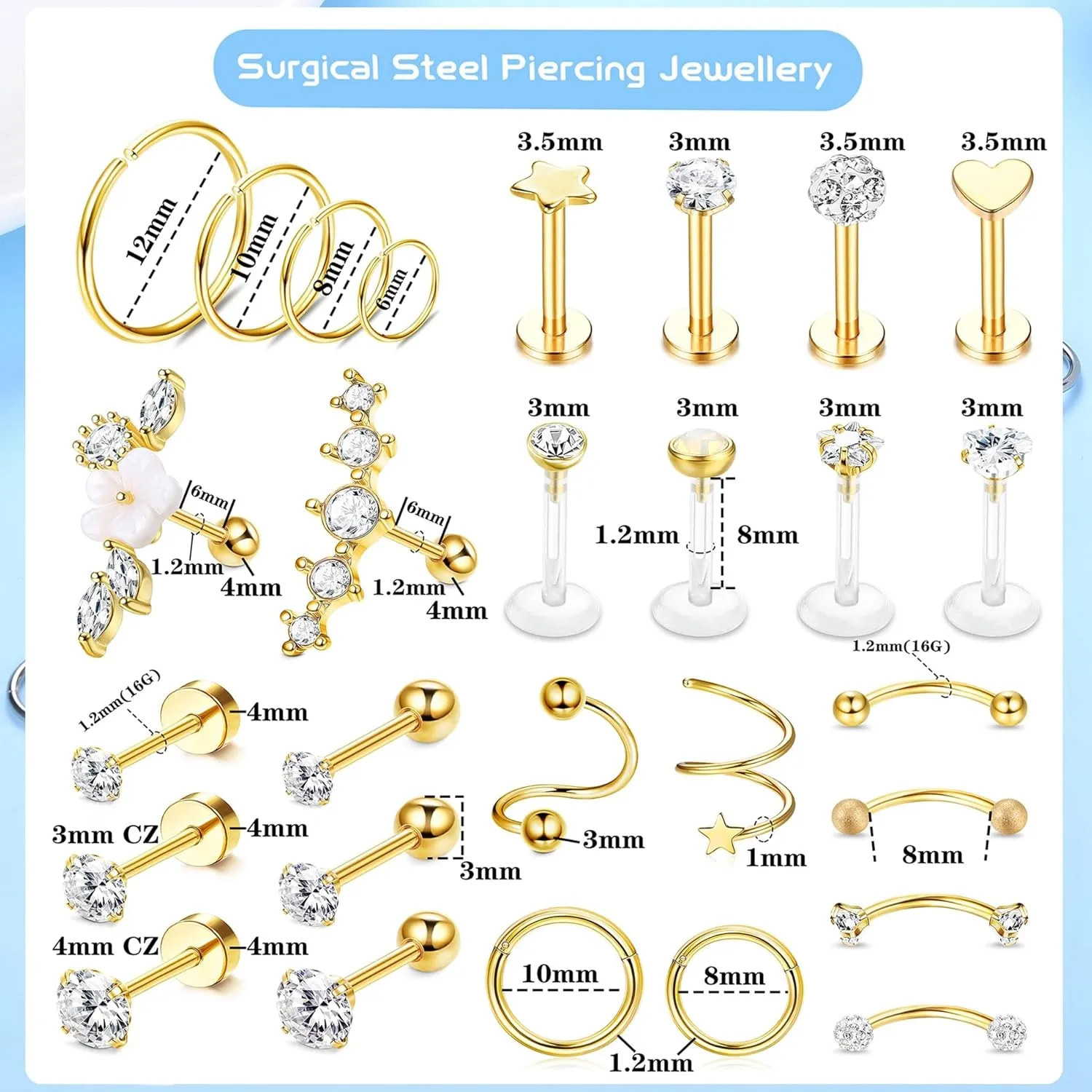 YADOCA 28PCS 16G Tragus Helix Piercings - Surgical Steel Cartilage Earrings for Women - Hoop, Helix, Septum, Couch, Daith, CZ Barbell Lip Piercing Jewellery - Silver/Gold