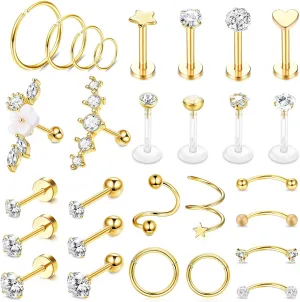YADOCA 28PCS 16G Tragus Helix Piercings - Surgical Steel Cartilage Earrings for Women - Hoop, Helix, Septum, Couch, Daith, CZ Barbell Lip Piercing Jewellery - Silver/Gold