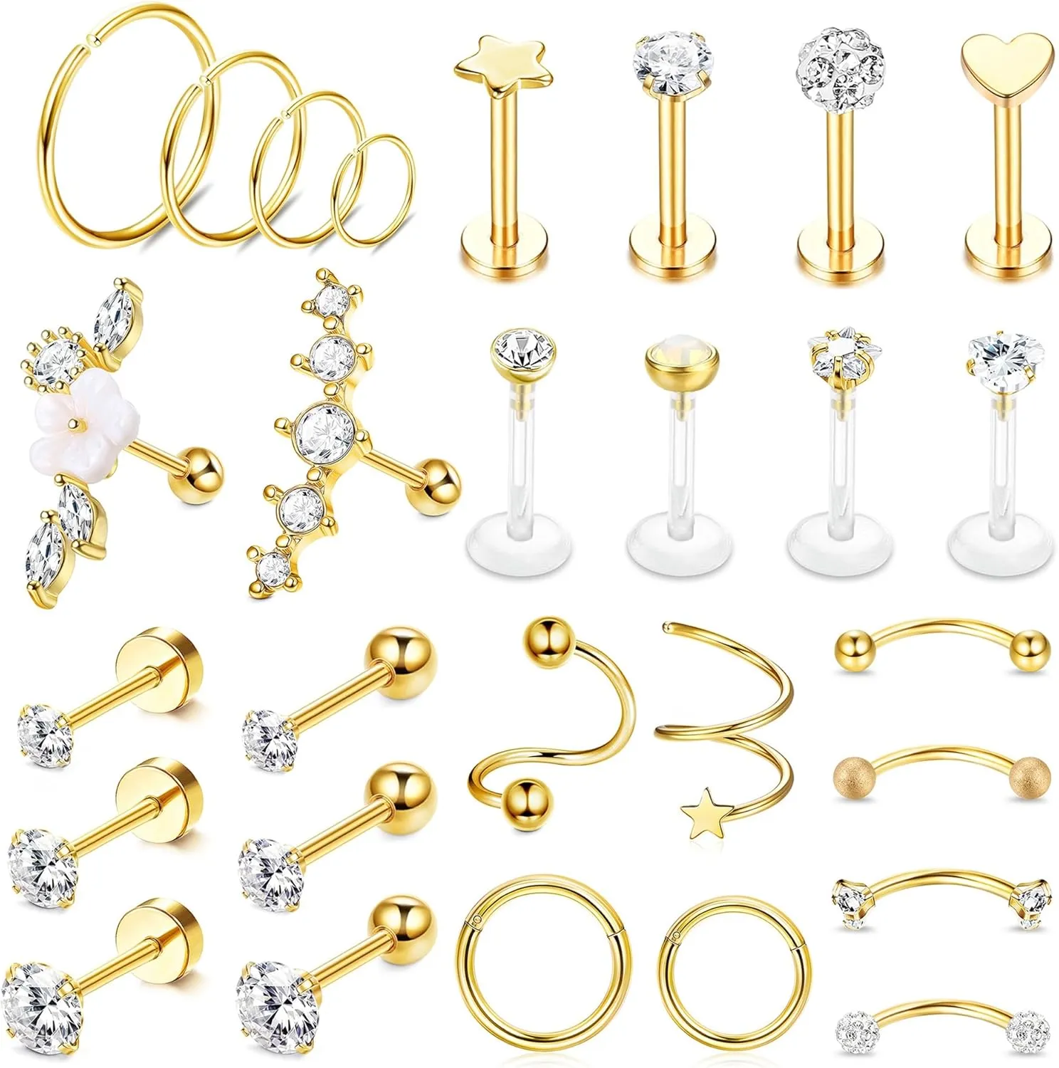 YADOCA 28PCS 16G Tragus Helix Piercings - Surgical Steel Cartilage Earrings for Women - Hoop, Helix, Septum, Couch, Daith, CZ Barbell Lip Piercing Jewellery - Silver/Gold