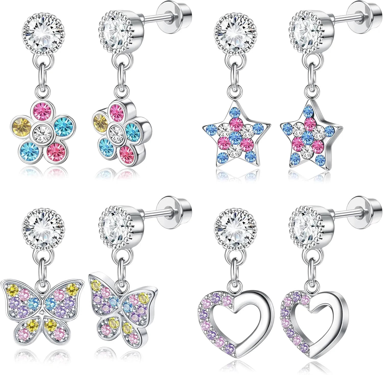 YADOCA 4 Pairs Screw Back Earrings For Girls Women Hypoallergenic 316L Stainless Steel Cute Pink CZ Heart Screwback Dangle Earrings Multicolored Cubic Zirconia Flower Butterfly Rainbow Earrings Dangling Set