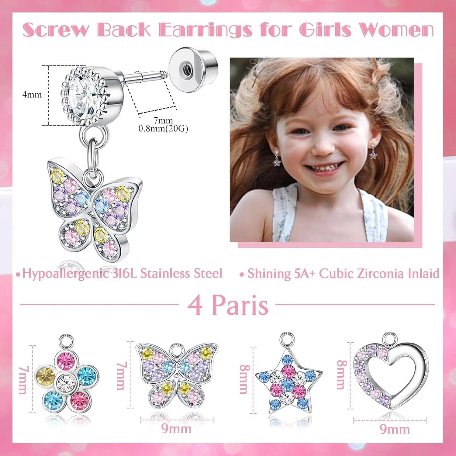 YADOCA 4 Pairs Screw Back Earrings For Girls Women Hypoallergenic 316L Stainless Steel Cute Pink CZ Heart Screwback Dangle Earrings Multicolored Cubic Zirconia Flower Butterfly Rainbow Earrings Dangling Set