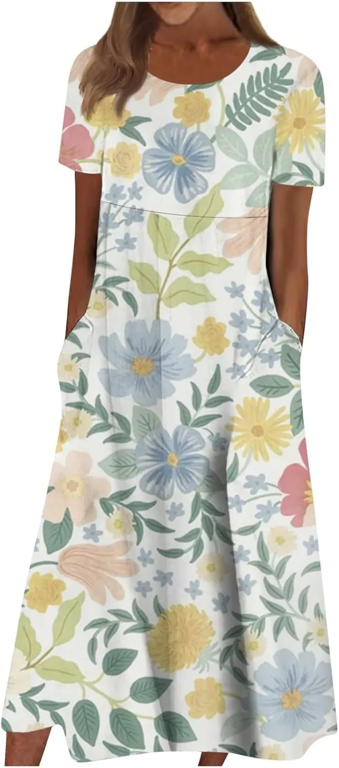 Yesunpxs Summer Dresses for Women Floral Print Loose Maxi Dress Casual Short Sleeves Sundresses Round Neck Beach Dress with