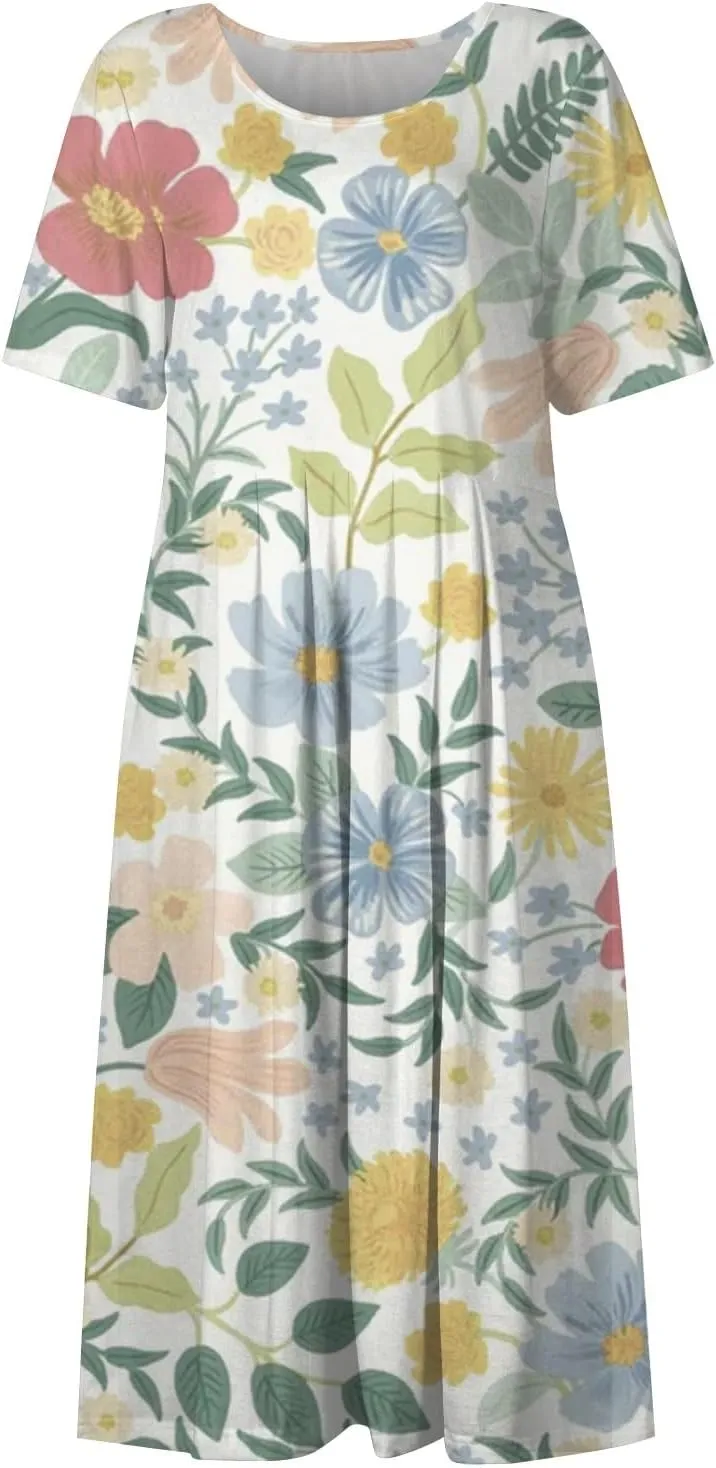 Yesunpxs Summer Dresses for Women Floral Print Loose Maxi Dress Casual Short Sleeves Sundresses Round Neck Beach Dress with
