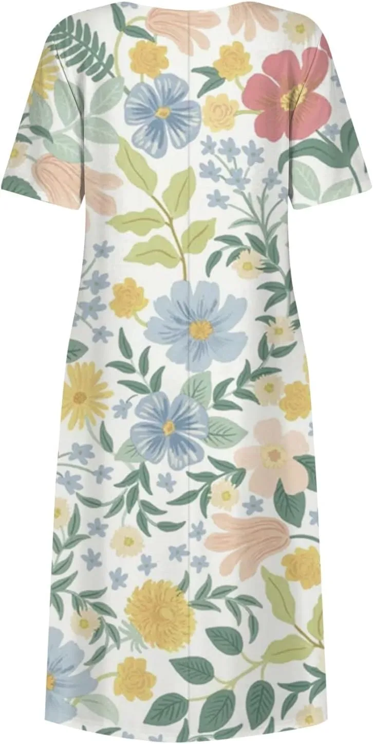 Yesunpxs Summer Dresses for Women Floral Print Loose Maxi Dress Casual Short Sleeves Sundresses Round Neck Beach Dress with