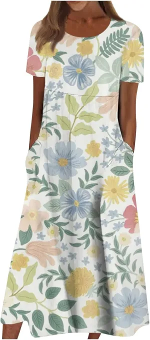 Yesunpxs Summer Dresses for Women Floral Print Loose Maxi Dress Casual Short Sleeves Sundresses Round Neck Beach Dress with