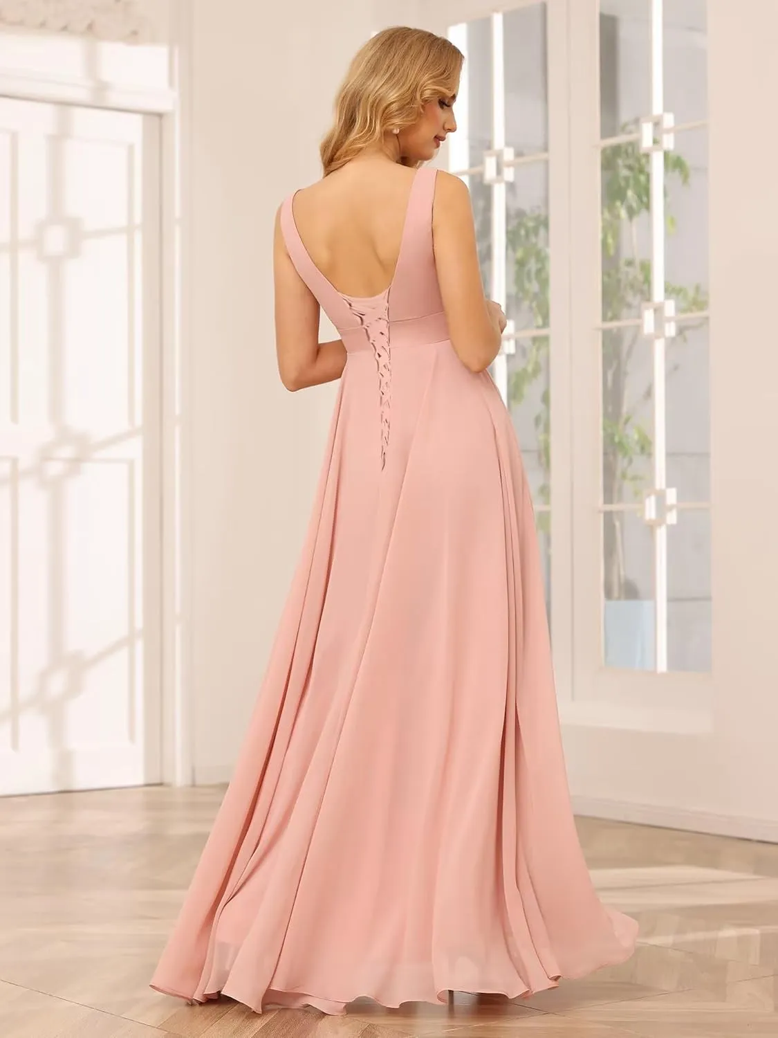 YOFF Women's Double V-Neck Bridesmaid Drsses with Slit Long Pleated Chiffon Evening Party Gowns YO077
