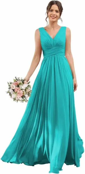 YOFF Women's Double V-Neck Bridesmaid Drsses with Slit Long Pleated Chiffon Evening Party Gowns YO077