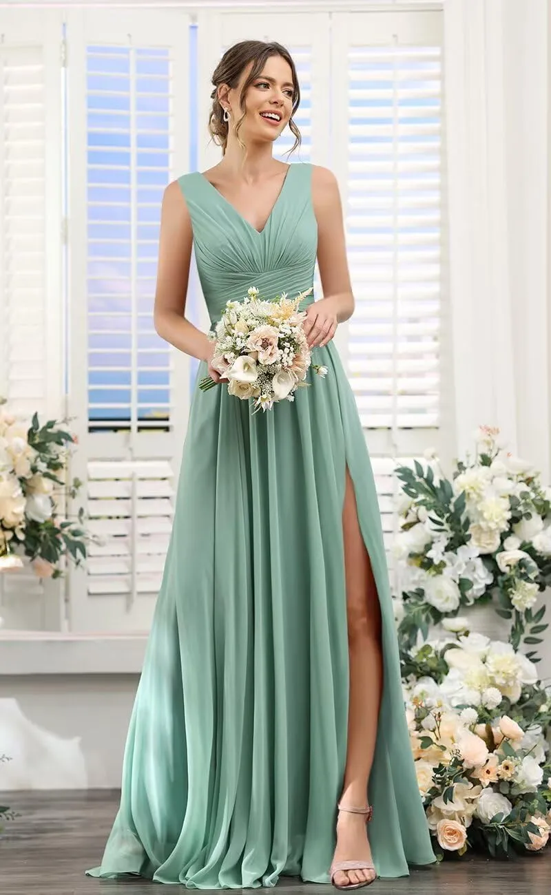 YOFF Women's Double V-Neck Bridesmaid Drsses with Slit Long Pleated Chiffon Evening Party Gowns YO077