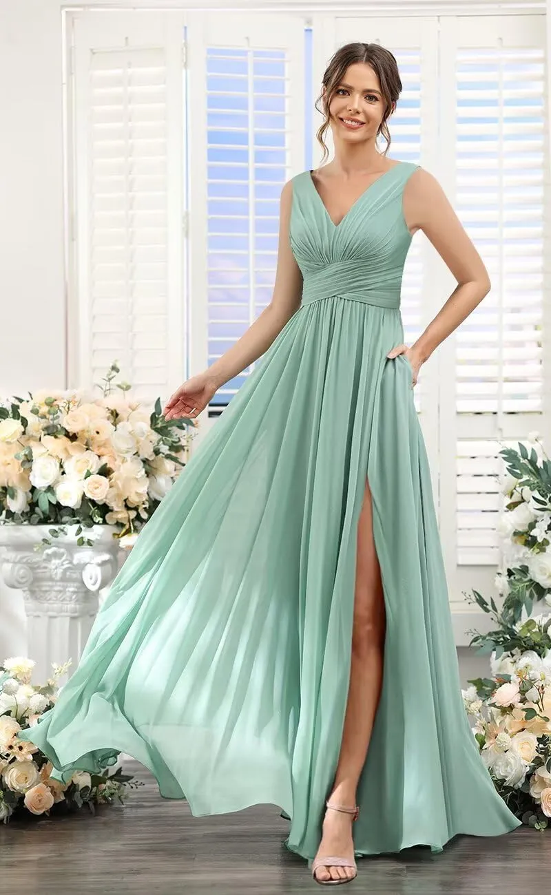 YOFF Women's Double V-Neck Bridesmaid Drsses with Slit Long Pleated Chiffon Evening Party Gowns YO077