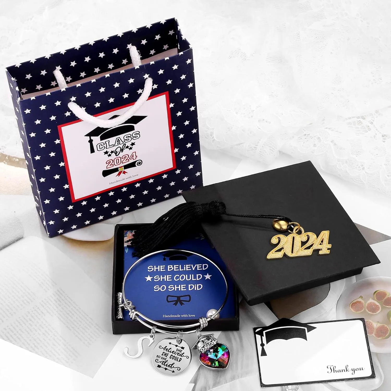 Yoosteel 2025 Graduation Gifts Initial Bracelets, Engraved Inspirational Bracelets She Believed She Could Bracelet College Graduation Gifts for Her