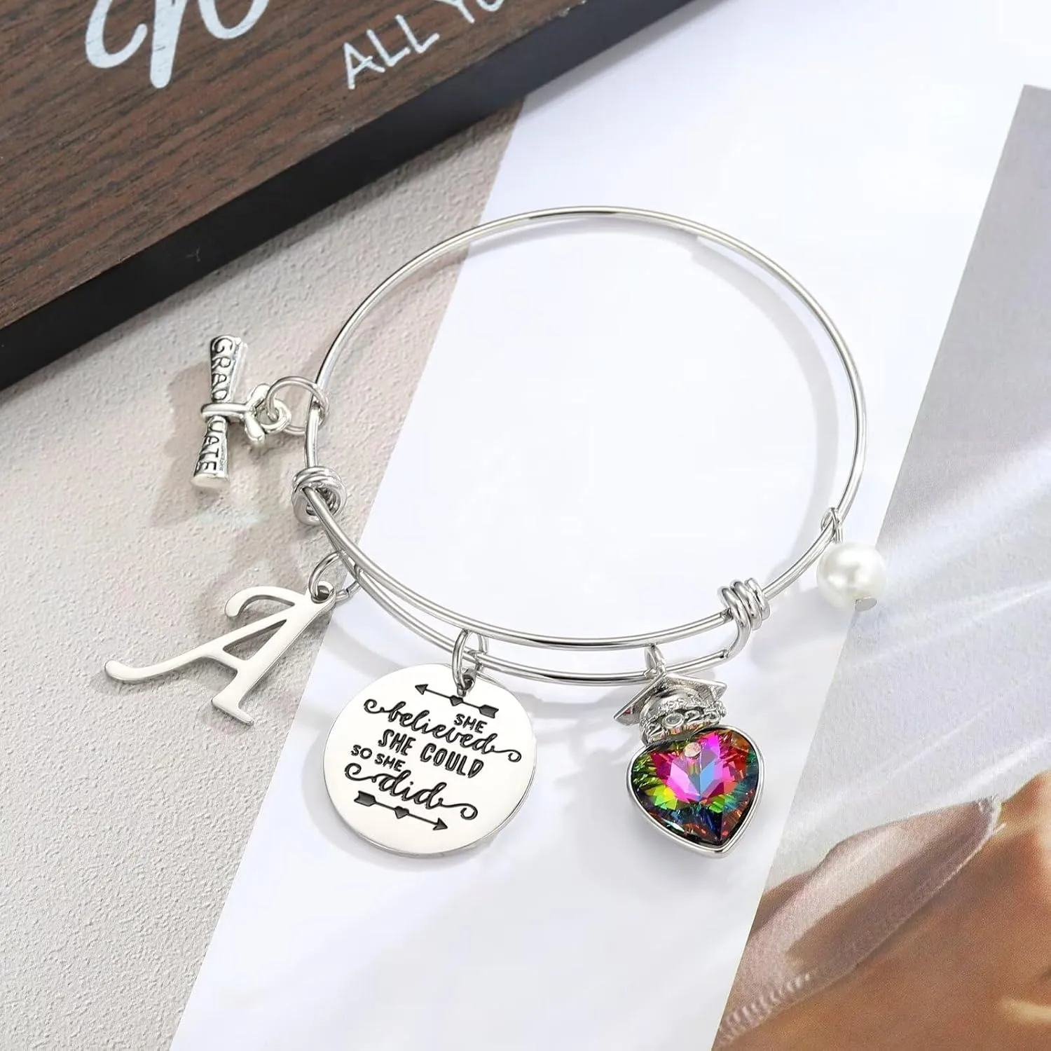 Yoosteel 2025 Graduation Gifts Initial Bracelets, Engraved Inspirational Bracelets She Believed She Could Bracelet College Graduation Gifts for Her
