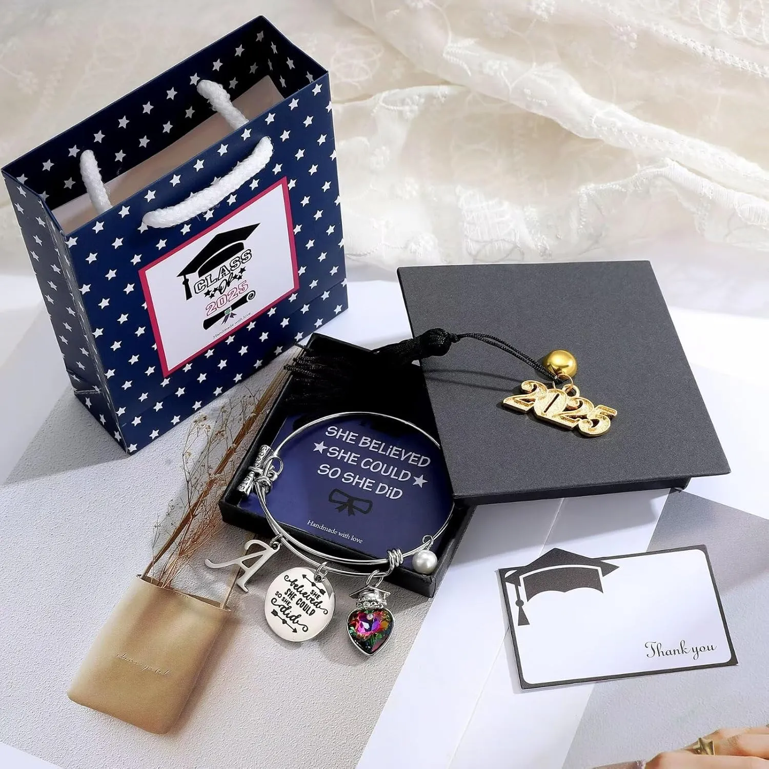 Yoosteel 2025 Graduation Gifts Initial Bracelets, Engraved Inspirational Bracelets She Believed She Could Bracelet College Graduation Gifts for Her