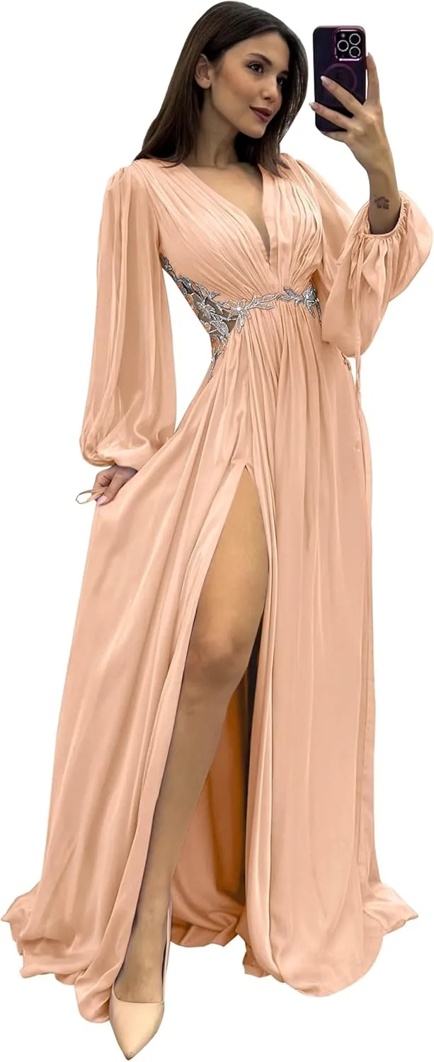 Yuxin Long Sleeve Bridesmaid Dresses with Slit V Neck Chiffon A Line Lace Pleated Formal Evening Gowns 978