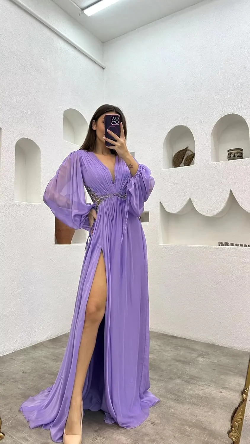 Yuxin Long Sleeve Bridesmaid Dresses with Slit V Neck Chiffon A Line Lace Pleated Formal Evening Gowns 978