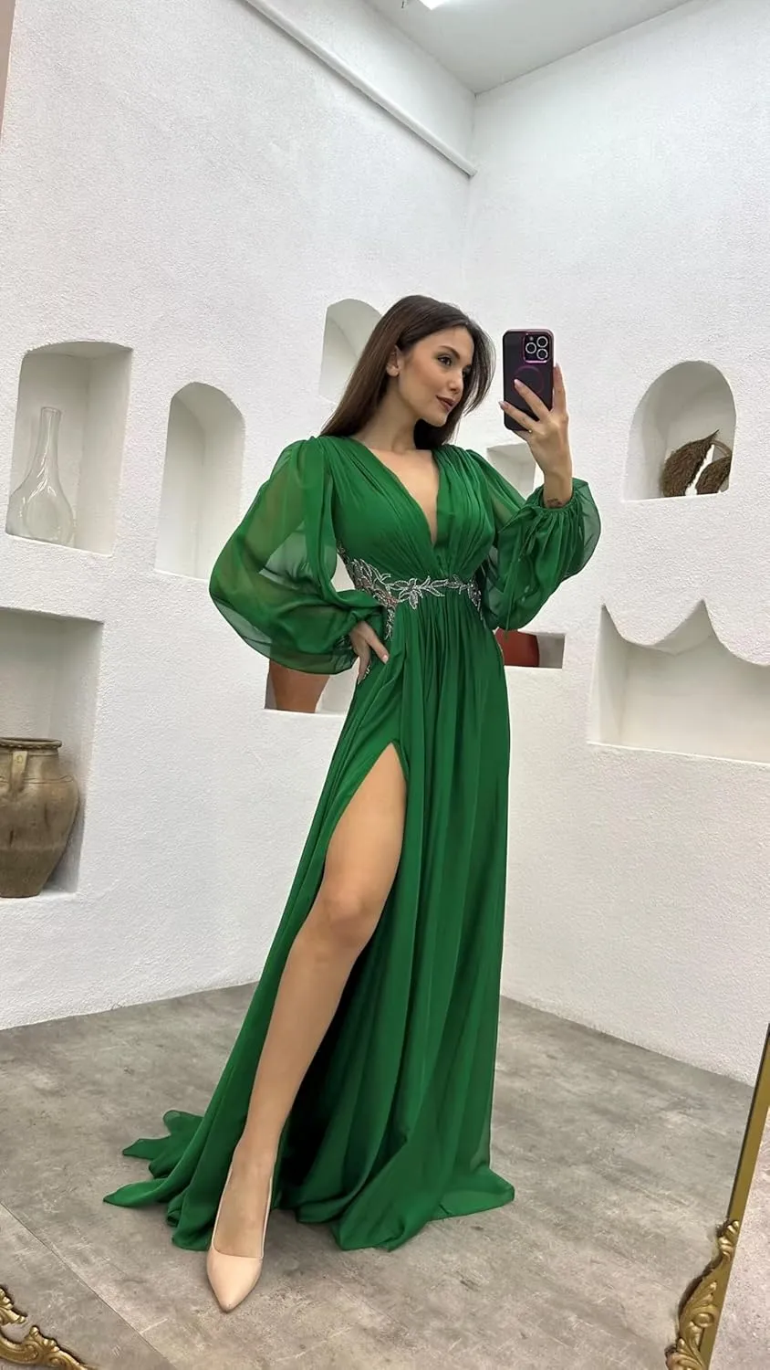 Yuxin Long Sleeve Bridesmaid Dresses with Slit V Neck Chiffon A Line Lace Pleated Formal Evening Gowns 978
