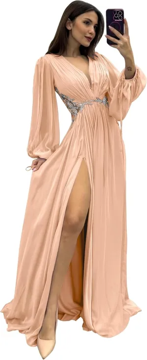 Yuxin Long Sleeve Bridesmaid Dresses with Slit V Neck Chiffon A Line Lace Pleated Formal Evening Gowns 978