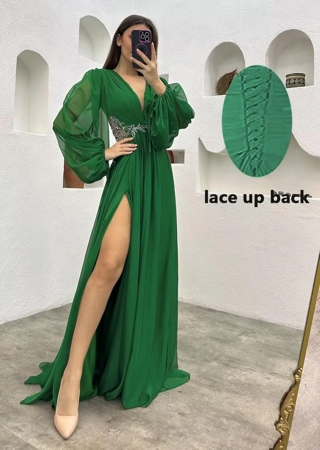 Yuxin Long Sleeve Bridesmaid Dresses with Slit V Neck Chiffon A Line Lace Pleated Formal Evening Gowns 978