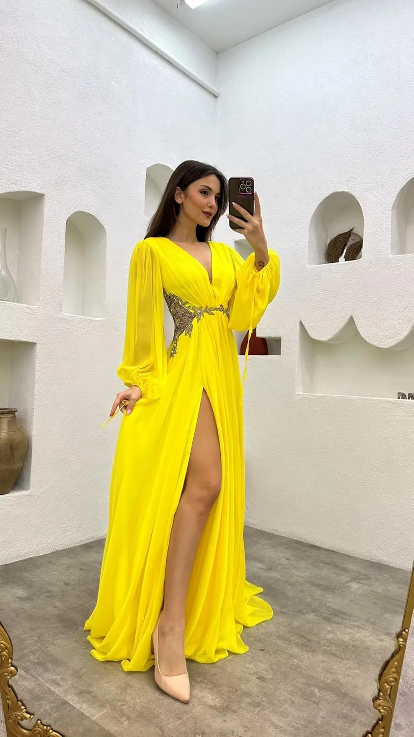 Yuxin Long Sleeve Bridesmaid Dresses with Slit V Neck Chiffon A Line Lace Pleated Formal Evening Gowns 978