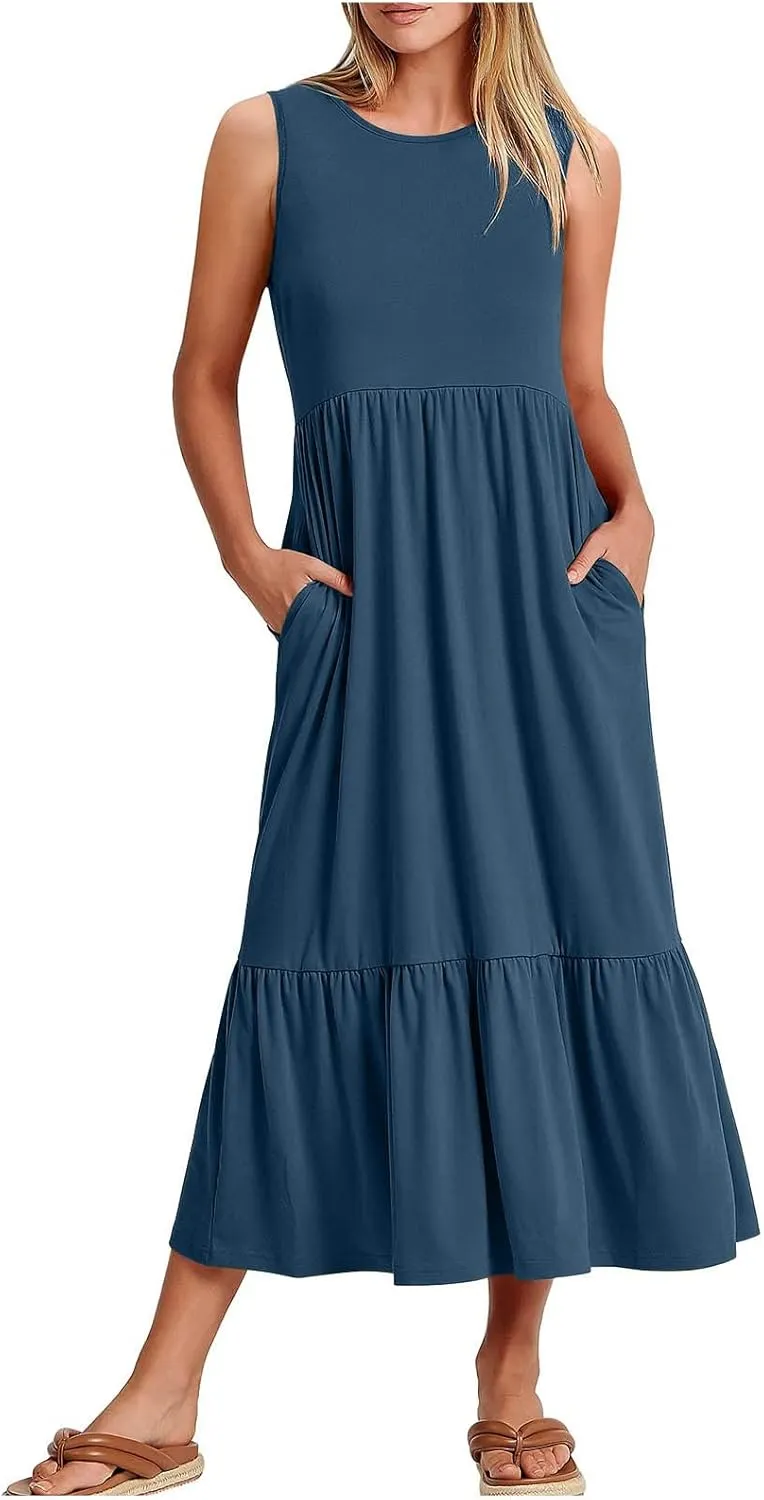 ZDRZK Sundresses for Women 2024 Crewneck Casual Flowy Beach Maxi Dress Sleeveless Tiered Summer Tank Dresses with Pockets