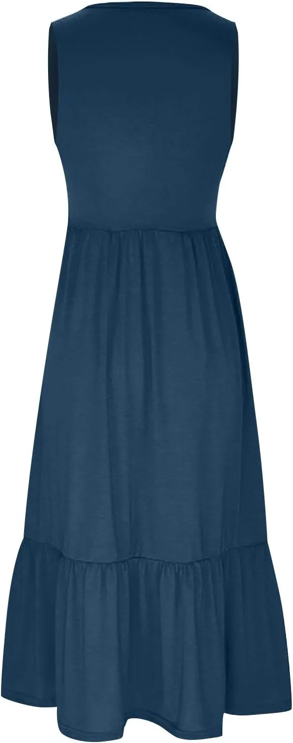 ZDRZK Sundresses for Women 2024 Crewneck Casual Flowy Beach Maxi Dress Sleeveless Tiered Summer Tank Dresses with Pockets