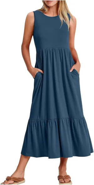 ZDRZK Sundresses for Women 2024 Crewneck Casual Flowy Beach Maxi Dress Sleeveless Tiered Summer Tank Dresses with Pockets