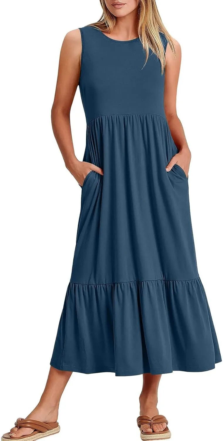 ZDRZK Sundresses for Women 2024 Crewneck Casual Flowy Beach Maxi Dress Sleeveless Tiered Summer Tank Dresses with Pockets