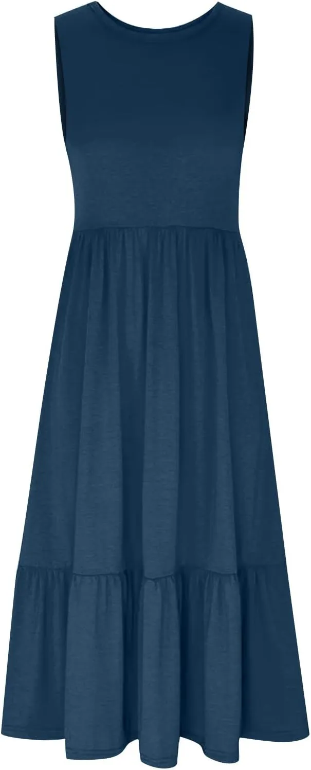 ZDRZK Sundresses for Women 2024 Crewneck Casual Flowy Beach Maxi Dress Sleeveless Tiered Summer Tank Dresses with Pockets