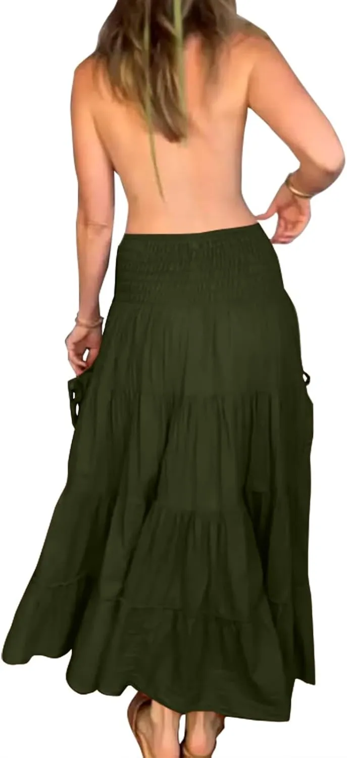 ZYXTIM Women's Summer Boho Maxi Skirt Elastic High Waist Boho Double Layered Pleated Beach Long Dress with Pockets Drawstring