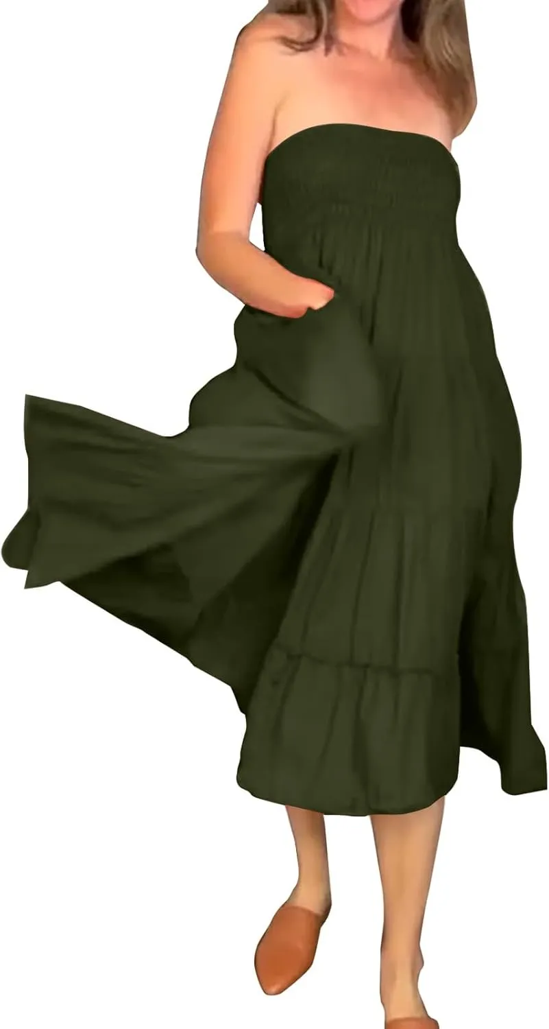 ZYXTIM Women's Summer Boho Maxi Skirt Elastic High Waist Boho Double Layered Pleated Beach Long Dress with Pockets Drawstring