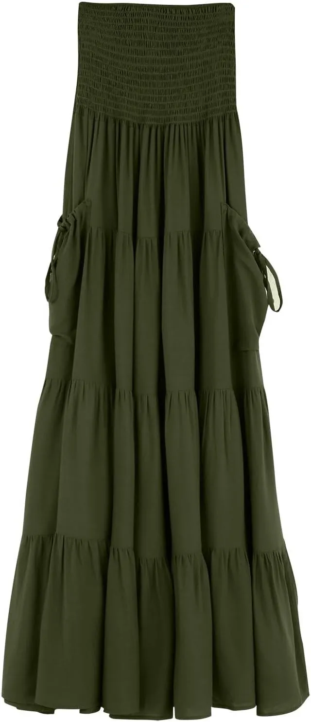 ZYXTIM Women's Summer Boho Maxi Skirt Elastic High Waist Boho Double Layered Pleated Beach Long Dress with Pockets Drawstring