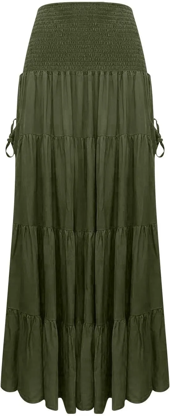 ZYXTIM Women's Summer Boho Maxi Skirt Elastic High Waist Boho Double Layered Pleated Beach Long Dress with Pockets Drawstring