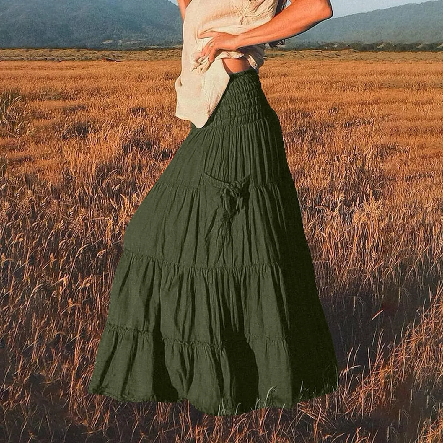 ZYXTIM Women's Summer Boho Maxi Skirt Elastic High Waist Boho Double Layered Pleated Beach Long Dress with Pockets Drawstring